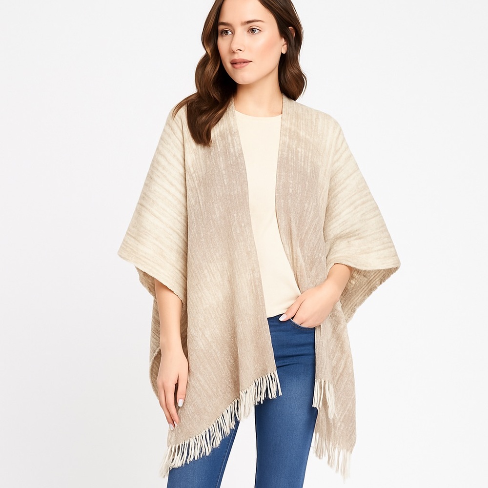 Simply Noelle Beige Ombre Knit Fringe Poncho Wrap One Size